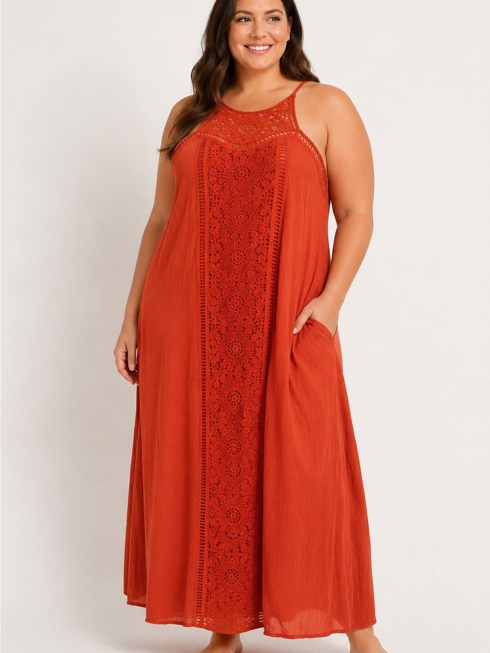 Shine Star Orange Crochet Lace Boho Maxi Dress Size L